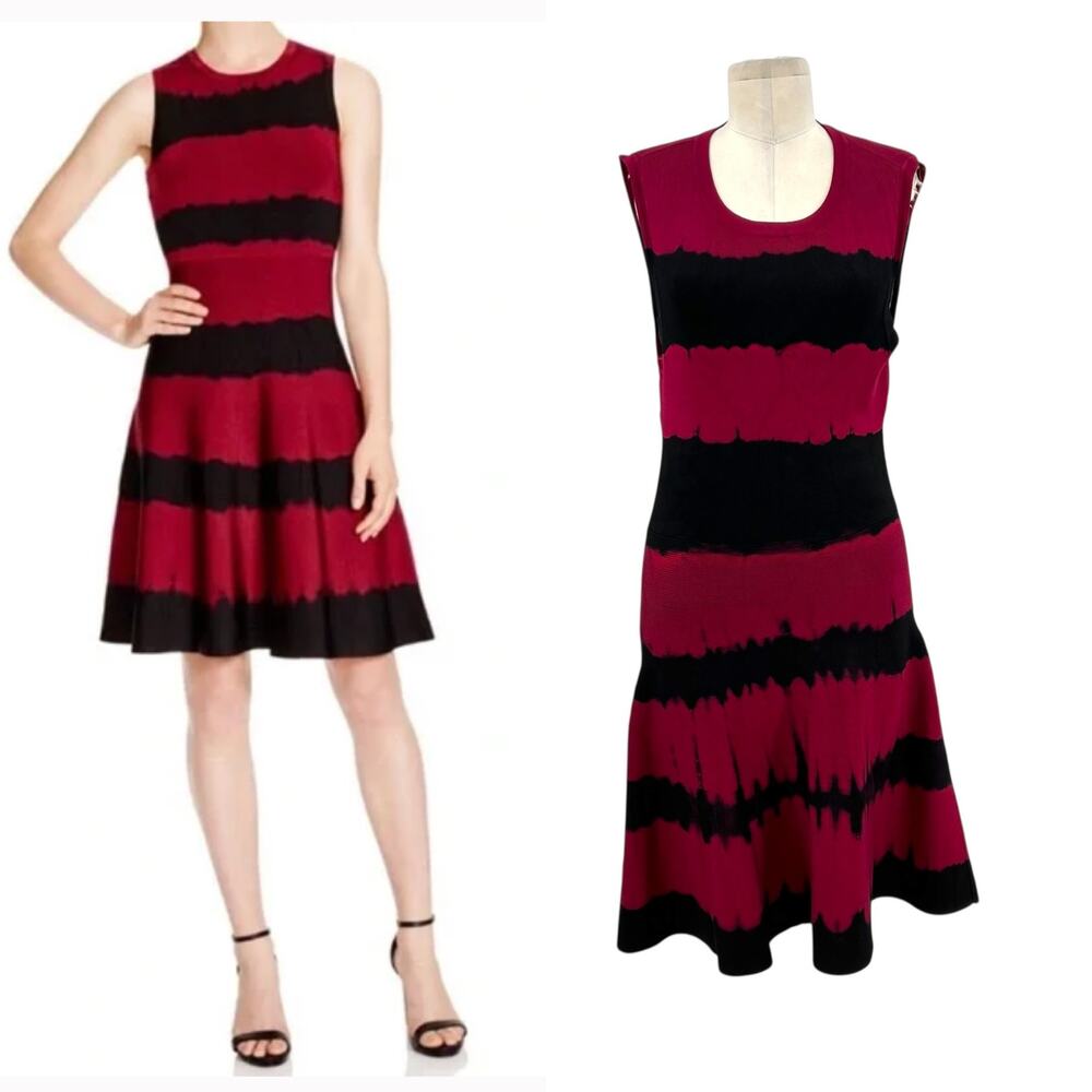 Karen Millen Dress Bodycon Fit & Flare Sleeveless Tie Dye Red Black‎ Size Small